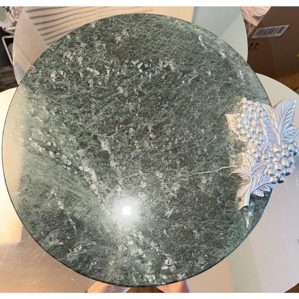 Vtg Godinger Silver Art Green Marble 10” Round Cheese Board Charcuterie Grapes